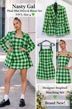 NWT Nasty Gal Plaid Mini Dress & Blazer Set Size 4 | Green Blue Tweed Matching S