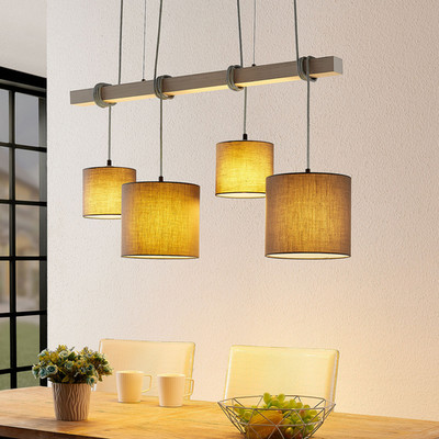 Lindby Rukaia Pendelleuchte, Stoffschirme grau 4-fl. Pendelleuchte Lampe Leuchte