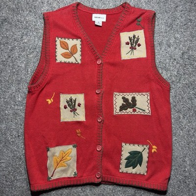 Parisian Works Women Red Embroidered Leaf Button-Up Sweater Vest M Sleeveless