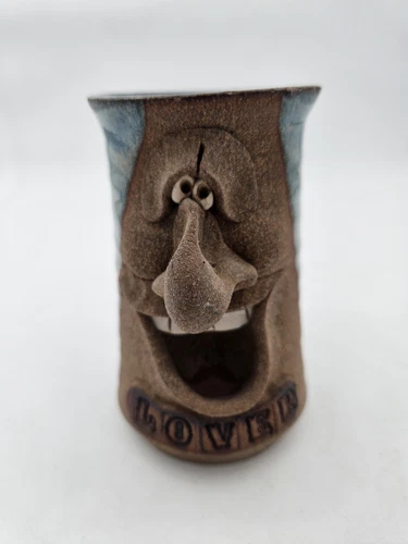 Vintage Ugly Funny 3D Face Mug Cup Stoneware Pottery Lover Folk Art Signed 