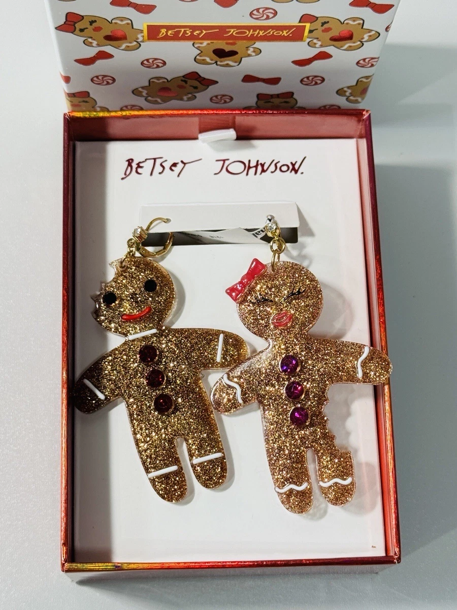 Betsey Johnson Gingerbread Man Woman Drop Glitter Earrings Christmas Jewelry