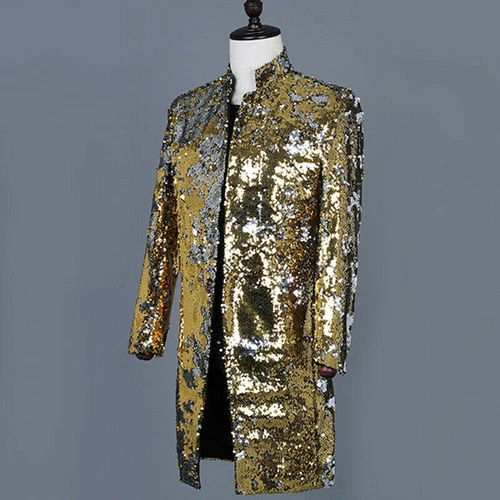 Men Reversible Two Tone Sequin Longline Jacket Suit Blazer Cabaret Carnival Tops - Picture 7 of 21