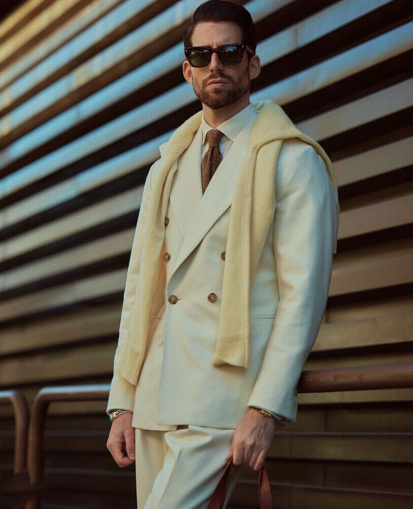Ivory Men's Suit Peak Lapel Double Breasted Slim Fit Leisure 2 Pieces Blazer