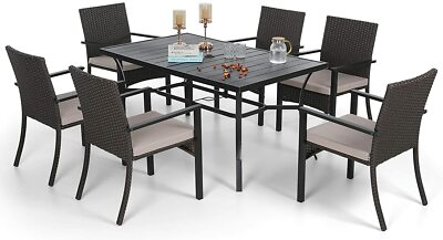 #ad 7 Pieces Patio Furniture Outdoor Dining Set Rattan Chair Metal Table Rectangular $627.99