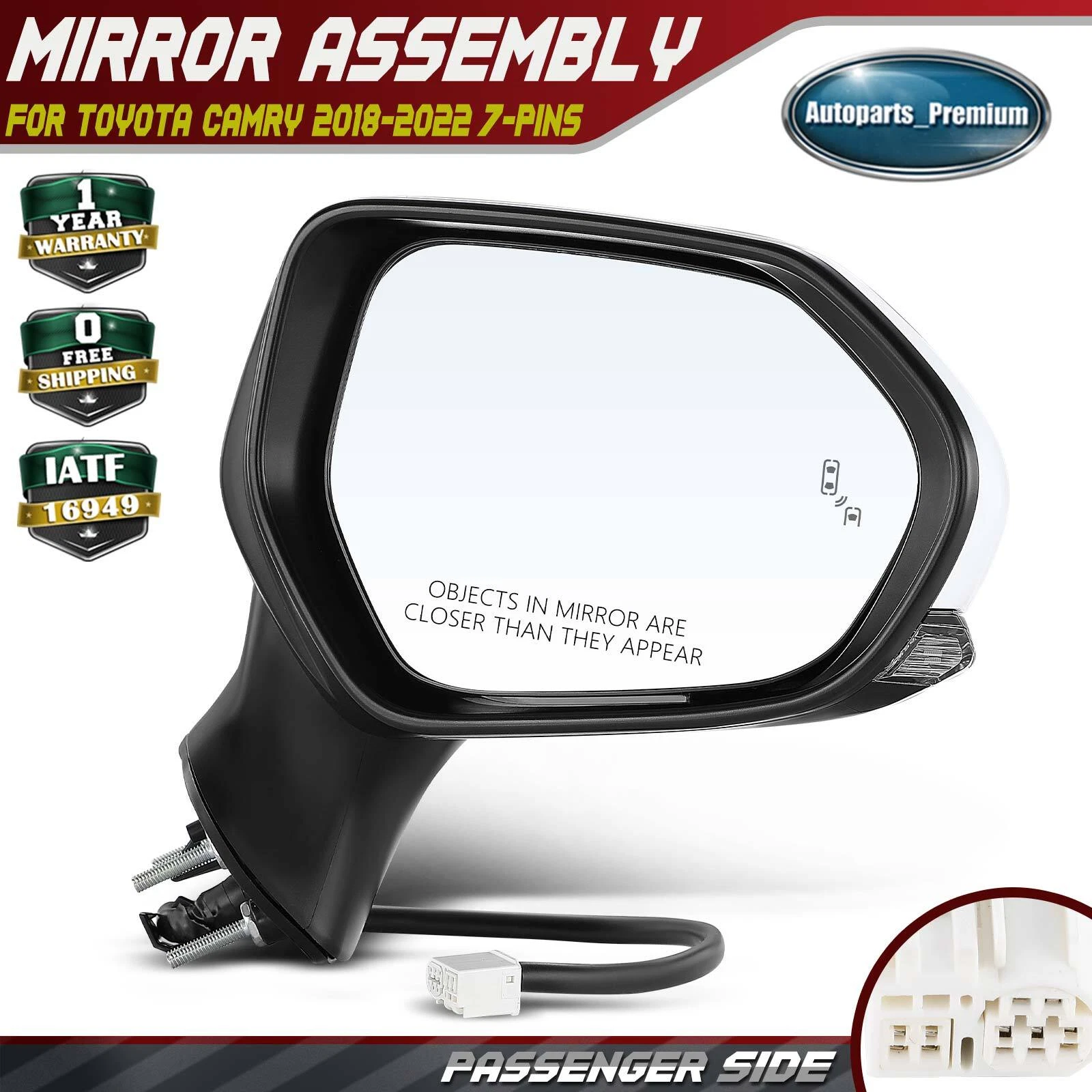 Passenger Power Mirror w/ Heated Blind Spot Signal for Toyota Camry 18-24 White