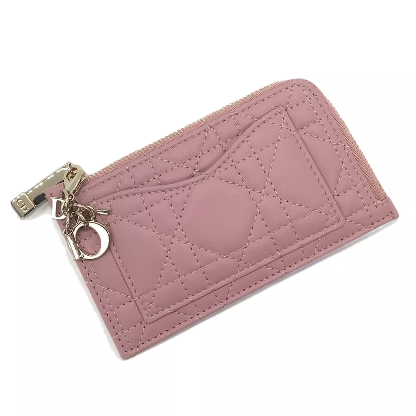Porte carte zippé Christian Dior Lady Dior Cosmos rose cannage peau d'agneau authentique