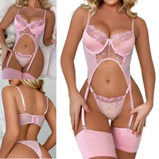 Womens Sexy Pink Lingerie Lace Bra and Panty Set with Garter Sleepwear Underwear