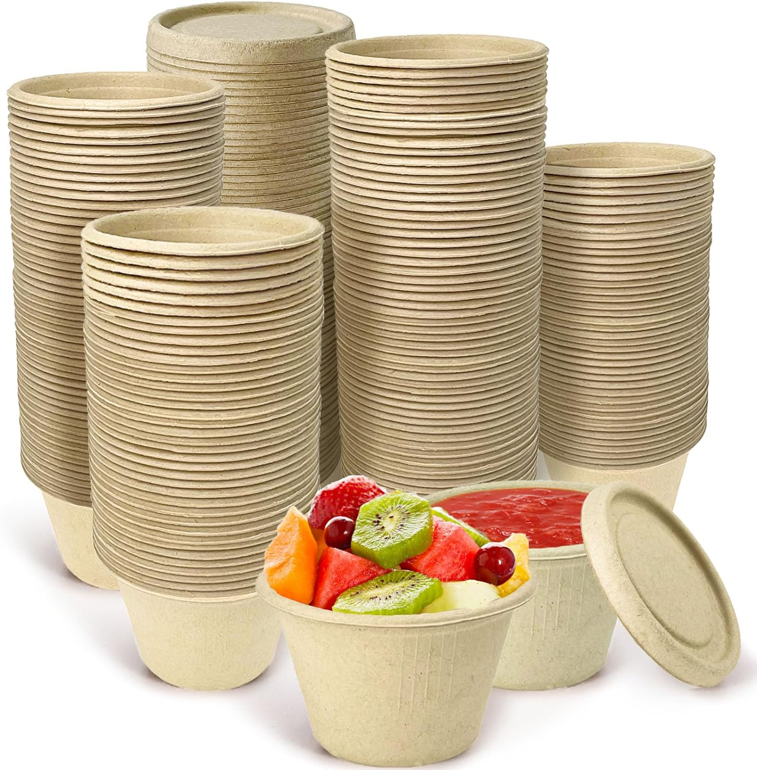 150 Pcs Bagasse Fiber Souffle Cups Lids 4 Oz Biodegradable Sample Cups Condiment
