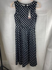 Lady Vintage Dress UK 10 Polka Dot Black Swing Sleeveless