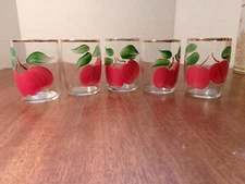 5 Gay Fad Juice Glasses Gold Rim Hand Painted Fruit 3” Tall  FREE SHIPPING!!