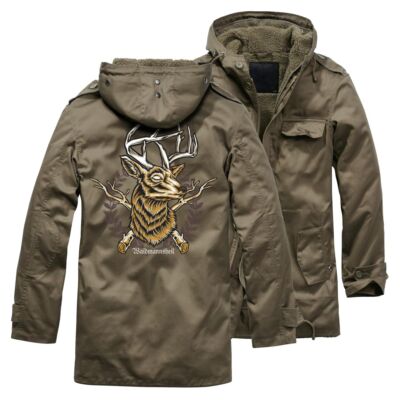 Herren Winter Parka mit Rücken Jäger Waidmannsheil Motiv oliv schwarz Hirsch