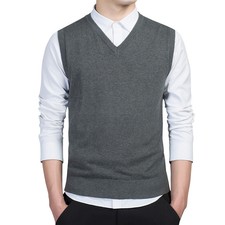 Spring Men V-Neck Vest Black Sleeveless Knit Sweater Pullover Waistcoat