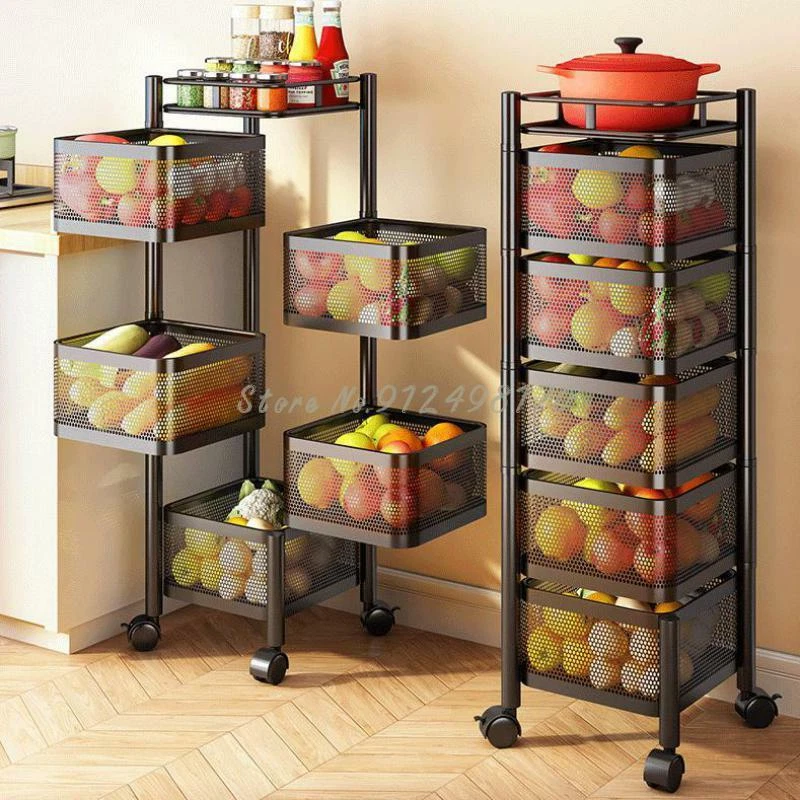 Multi Layer Kitchen Shelf Vegetable Fruit Square Rotation Storage Rack Trolley