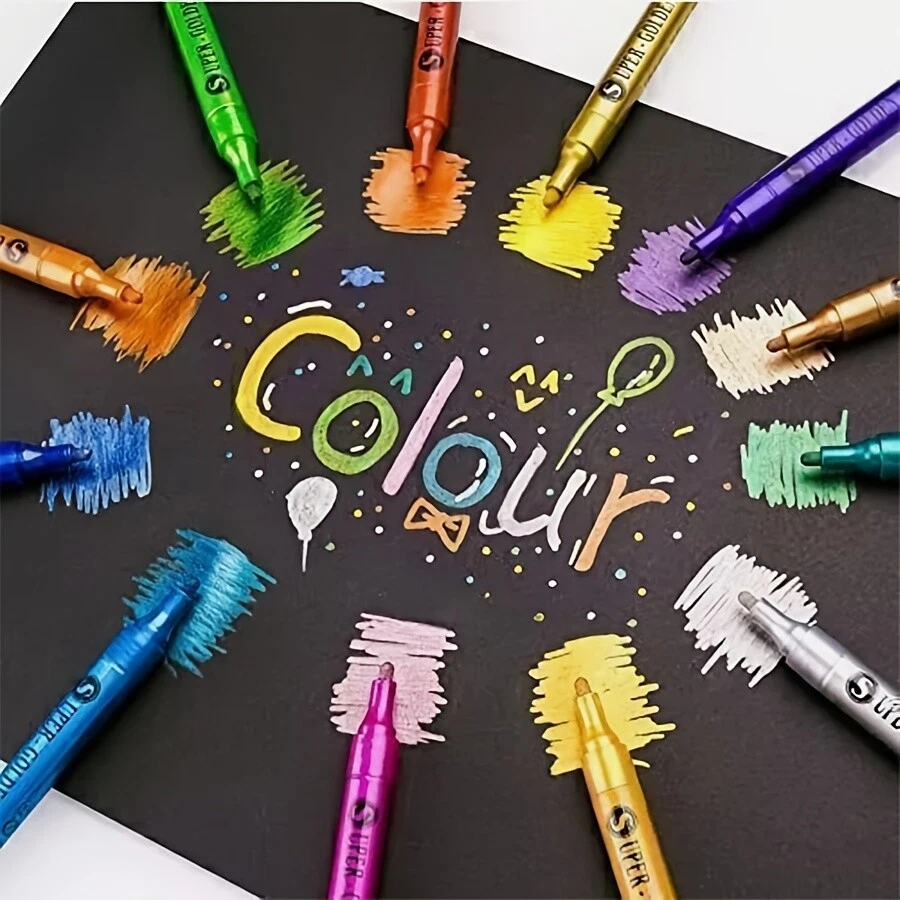 12 Colors Sparkle Metallic Glitter Markers, Acrylic Paint Pens for Fabric, Cards - Image 2 of 4