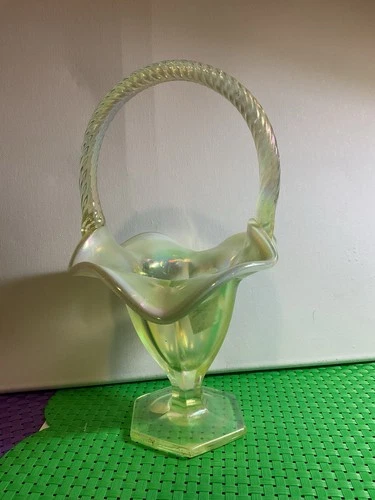 Fenton Iridescent Light Green Art Glass Basket Hexagonal Base Twisted Handle