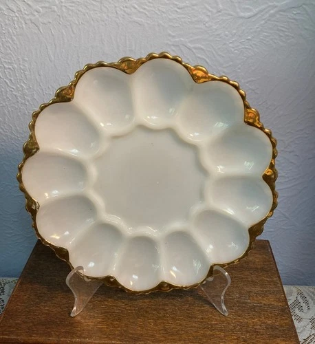 Vintage Anchor Hocking Fire King Deviled Egg Dish ~ Milk Glass ~ Gold Trim