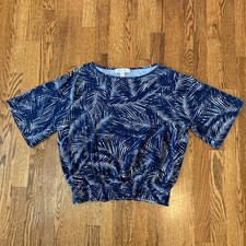 Michael Kors Shirt Women's L Blue White Palms Elasticized Waist Blouse Cinched
