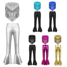 Kids Girls Outfits Tassels Sets High Waist Dancewear Hippie Costumes Shiny Top