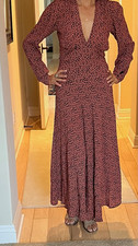 DOEN Black/Rust Animal Print Cotton V-Neck Wrap Maxi Dress Long Sleeve S
