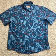 Huk Shirt Mens Large Blue Kona Fishing AOP Performance Stretch Hawaiian