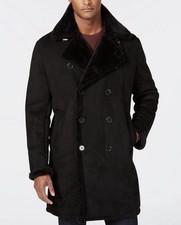 Guess Men's Faux-Shearling Overcoat Coat Size Medium Black