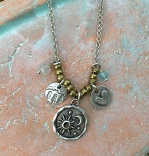 AQUAMARINE MOONSTONE SUNDANCE CHARM NECKLACE ARTISAN OXIDIZED SILVER JEWELRY NEW