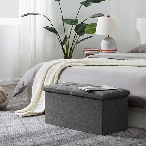 Folding Ottoman Grey Linen Fabric Storage Bench 15x30 Inches Footrest - Picture 7 of 11