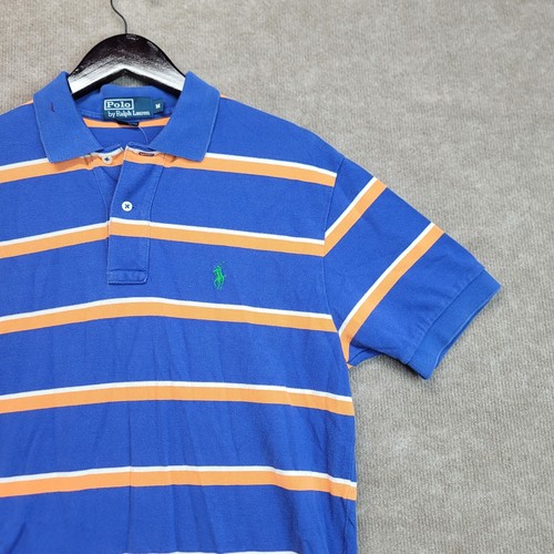 Polo Ralph Lauren Mens Classic Blue Striped Polo Shirt Green Horse Size M - Picture 3 of 10