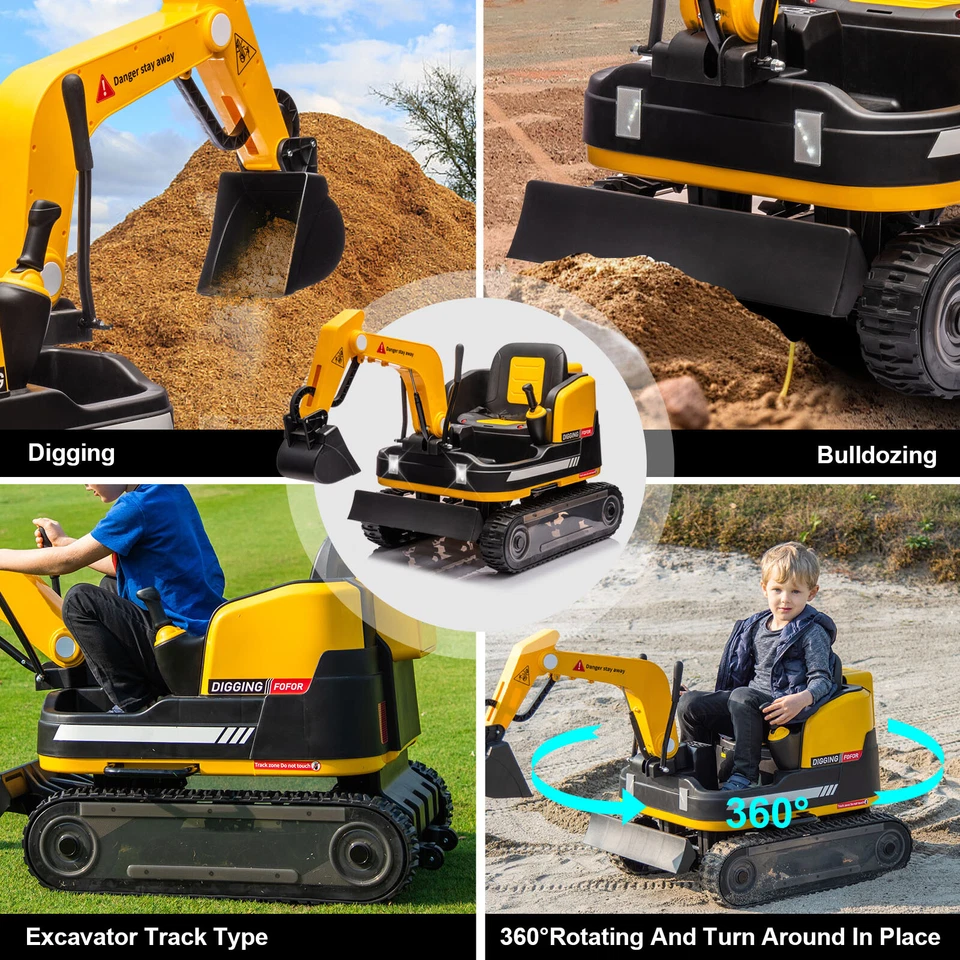 JOYLDIAS Yellow 12V12AH Battery Kids Ride On Excavator Bulldozer 360° w/ Remote - Image 3 of 4