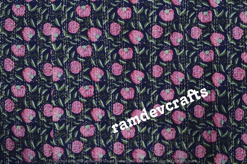Hand Block Art Quilt Indian Kantha Bedspread Throw Cotton Bedding Blanket Gudari - Picture 2 of 5