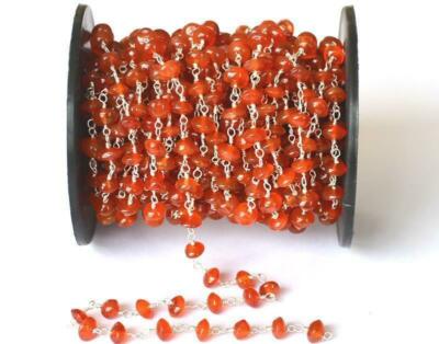 5 Feet Carnelian Button Smooth 4-6mm Beads, Rosary Beaded Chain Silver Plated