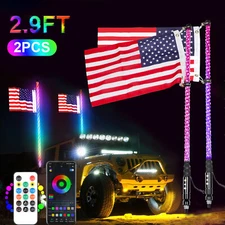 NEW Pair 3ft RGB Spiral LED Whip Lights Antenna Chase + Flag&Remote for ATV UTV