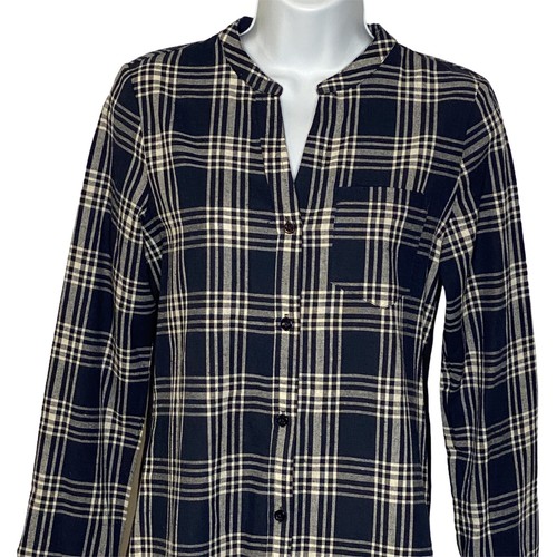 Esley Blue White Plaid Button Front Tunic Top Solid Back Ruffle Trim Sz Small - Picture 2 of 6