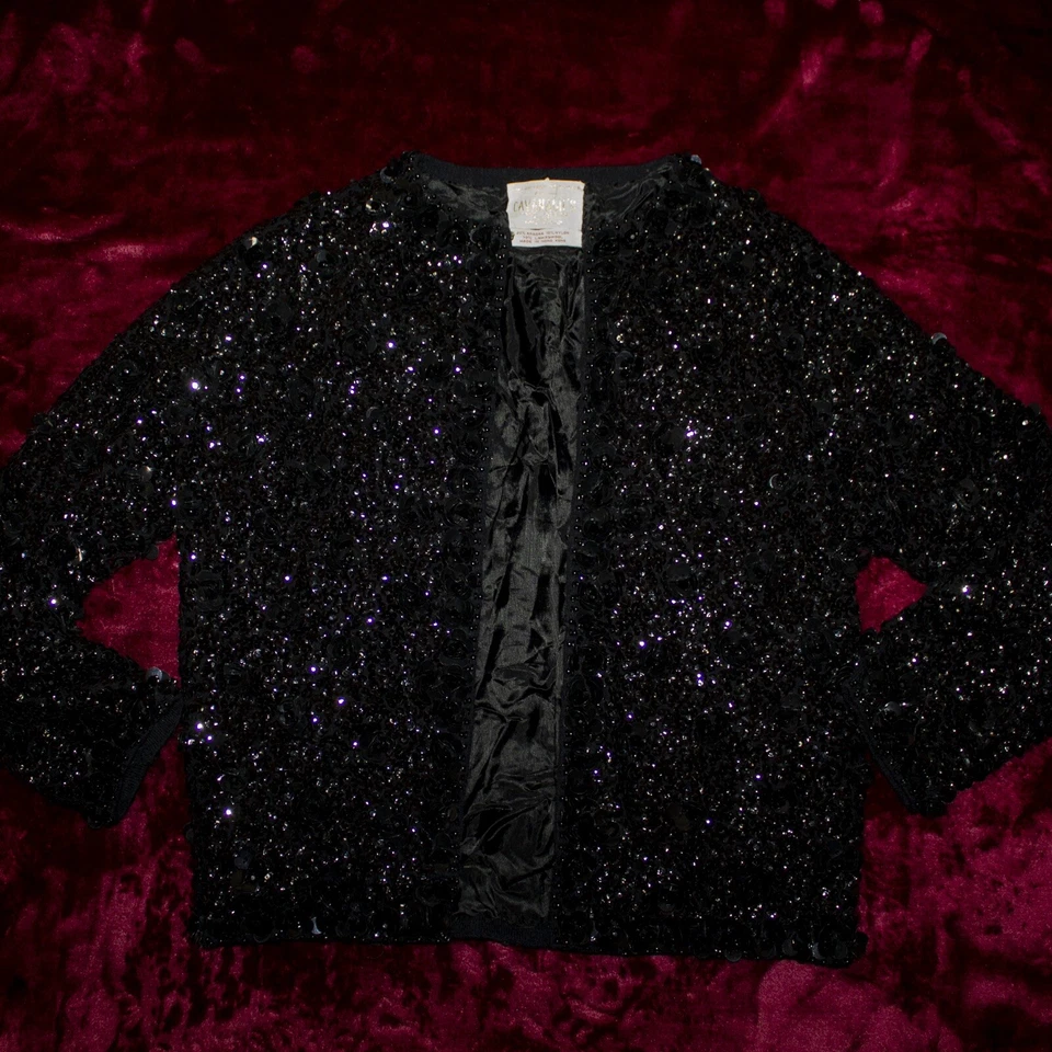 Cárdigan Vintage Cavanagh’s 1950s Negro Lentejuelas Lana Angora Cuentas a Mano Año Nuevo Foto 4 de 4