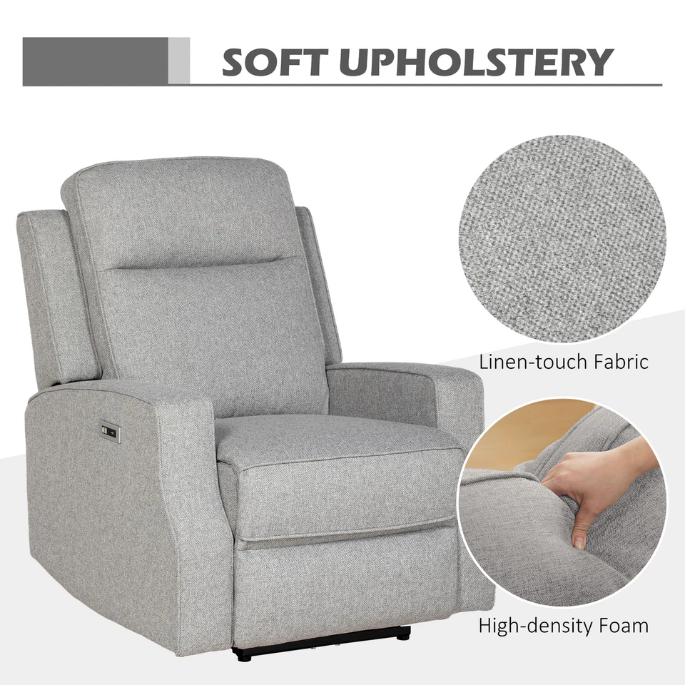 Grey Linen Recliner Chair with USB Port, 84x92x104cm, Electric Comfort - Image 2 of 4