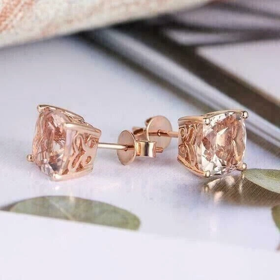 4CT Cushion Cut Lab Created Peach Morganite Stud Earrings 14K Rose Gold Plated - Image 4 of 4