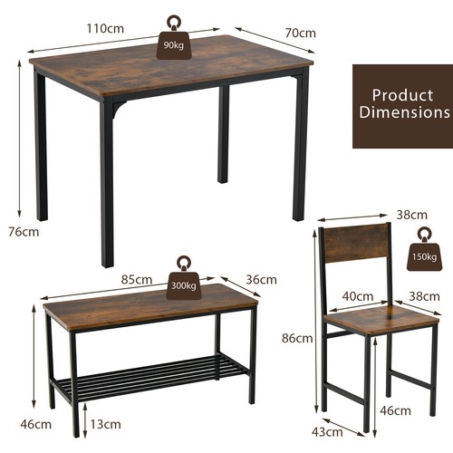 Giantex 4pcs Dining Table Set Rustic Desk 2 Chairs & Bench w/ Storage Rack Brown - Picture 7 of 9