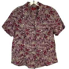 Valerie Stevens Womens Linen Shirt Sz M Short Sleeve Button Up Floral Beach Boho