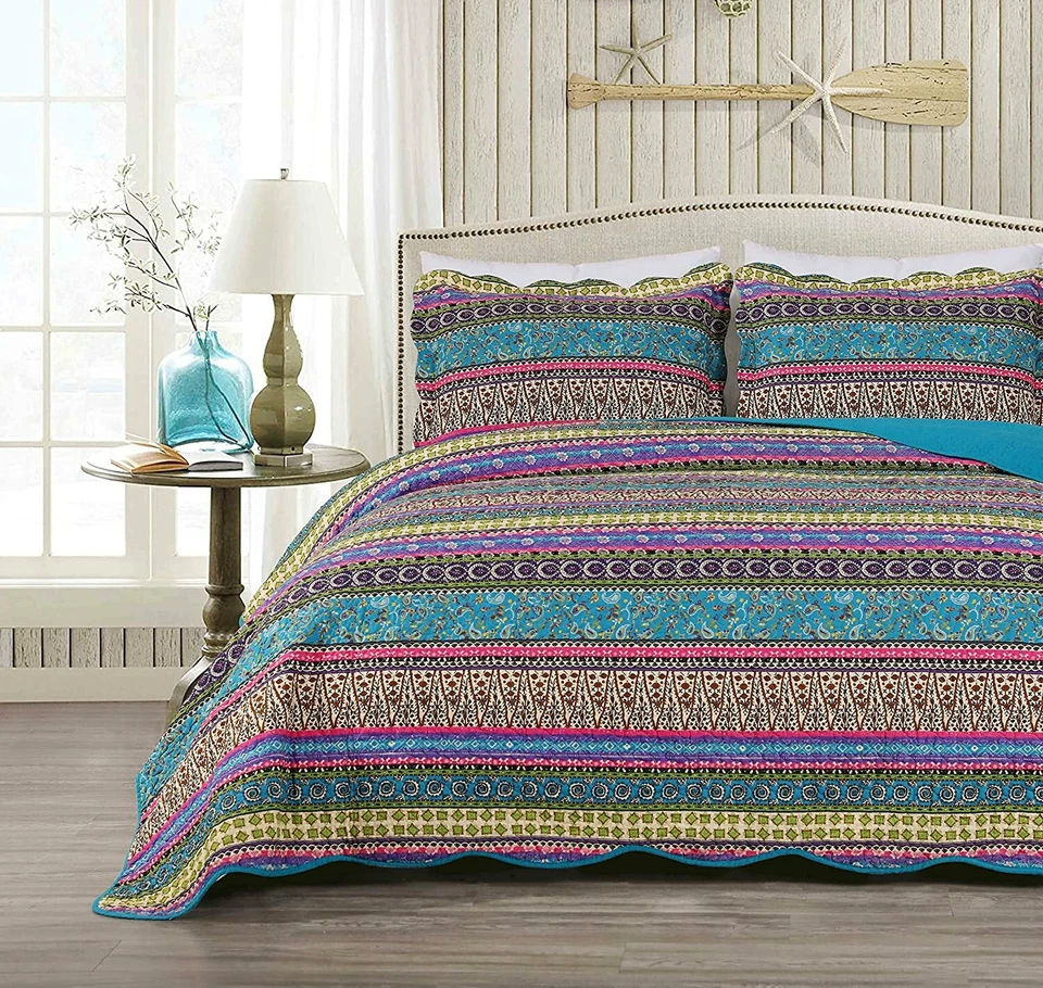 Boho Chic Pre-Washed Cotton Quilt Set Bohemian Floral Bedspread Daybed Cover Set - Image 2 of 4