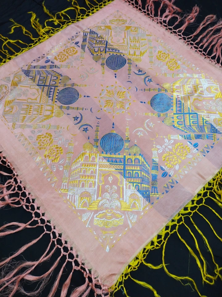 Mantón brocado de seda vintage diseño Taj Mahal piano flecos envoltura boho oriental 1565 Foto 3 de 4