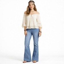 WE THE FREE People Penny Pull-On Flare Jean Sz 27 Blue Denim Mid-Rise Slim Boho