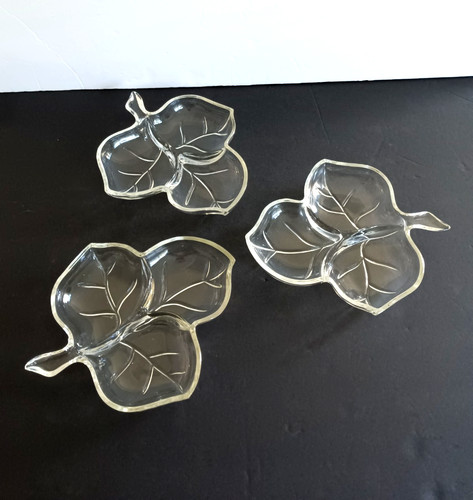 Vintage Candy Dish Clear Glass Leaf Shaped Nut 3 Section Divided Set of 3