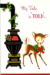 Deer Reindeer Warms by Fire Stove Holly Garland VTG Christmas Greeting Card