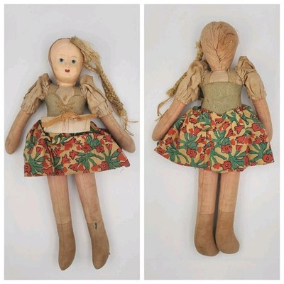 Vtg Polish Fabric Rag Doll 1930s Painted Composition Face 11.5  Made In Poland