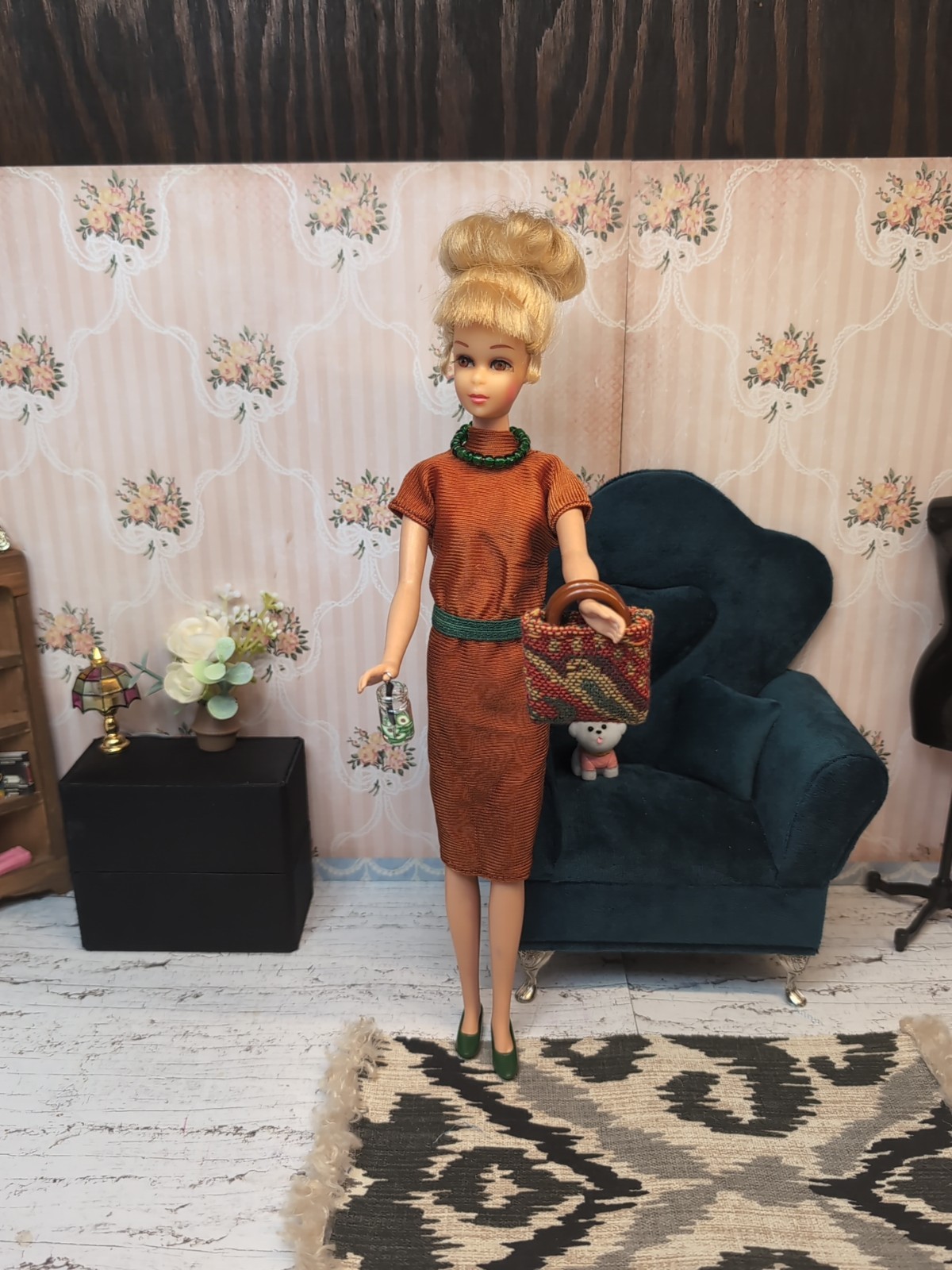 Vintage Barbie / Francie Clone Outfit - Dress, Pine Green Flats, Custom Bag ++