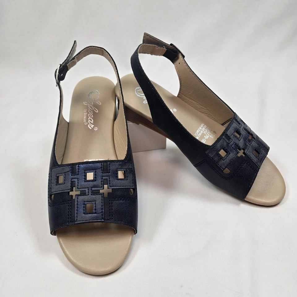 Sofwear By Beacon Navy Cutout Toe Strap Open Toe Low Wedge Sandal AnkleStrap 6.5 - Image 2 of 4