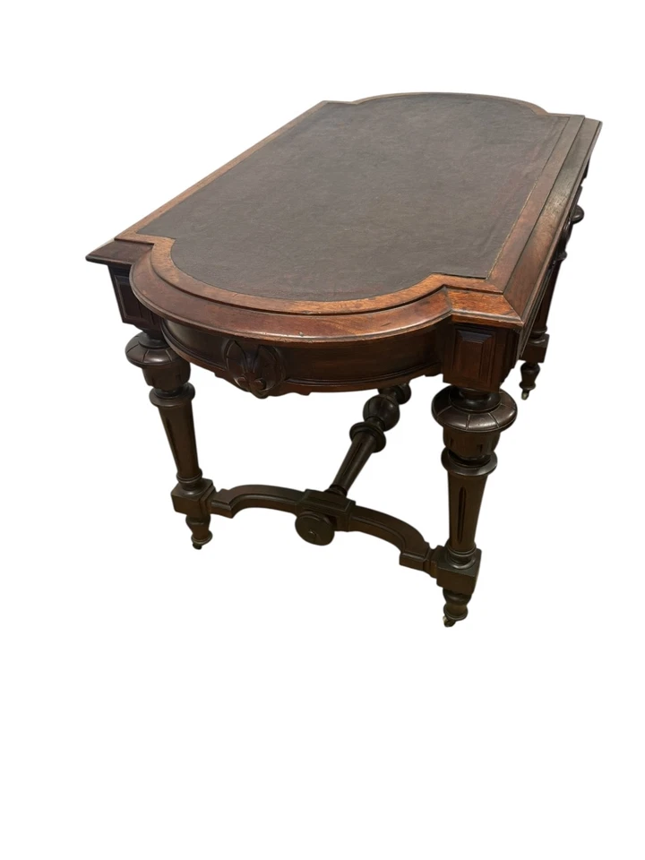 Antigua mesa de salón biblioteca renacimiento victoriano 1870 tapa de cuero Foto 4 de 4