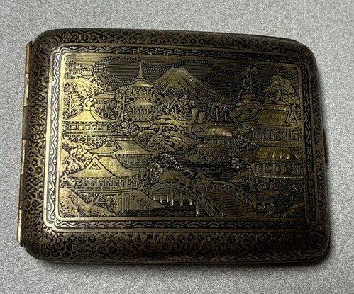 Japanese Meiji Cigarette Case Bronze Golden Dragon and Fuji Antique Handmade