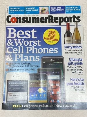 #ad Consumer Reports Magazine Jan 2012 Cell Phones Radiation Mortgage Health Gifts $9.99