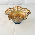 VTG FENTON RUFFLED PIERCED EDGE BASKETWEAVE MARIGOLD CARNIVAL GLASS CANDY DISH